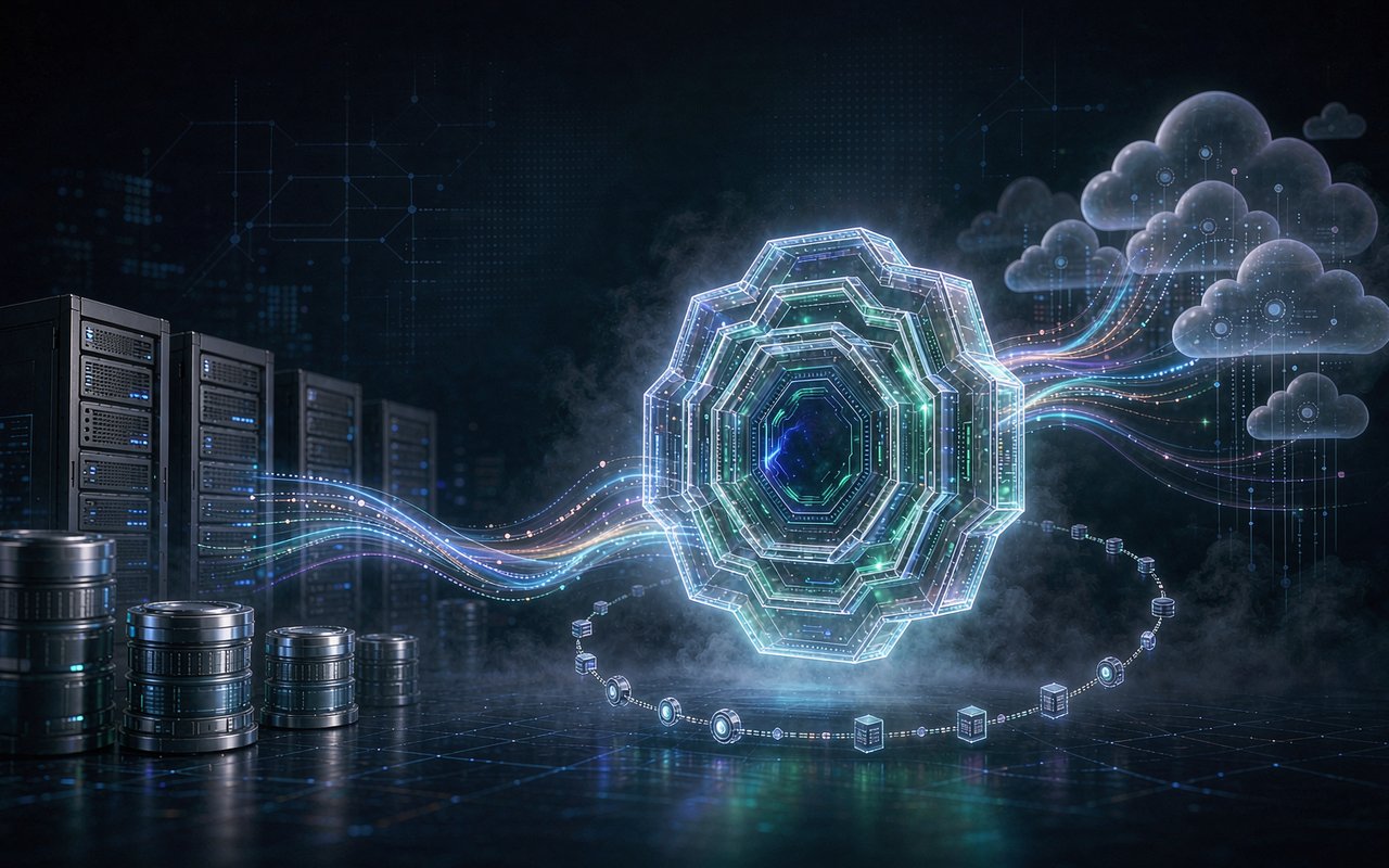 Server racks and databases streaming backup data through a resilient vault core to the cloud, ringed by recovery-point snapshots